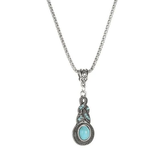 SILVER TURQUOISE AQUAMARINE DIAMOND NECKLACE AND EARRING SET - Picture 6 of 6